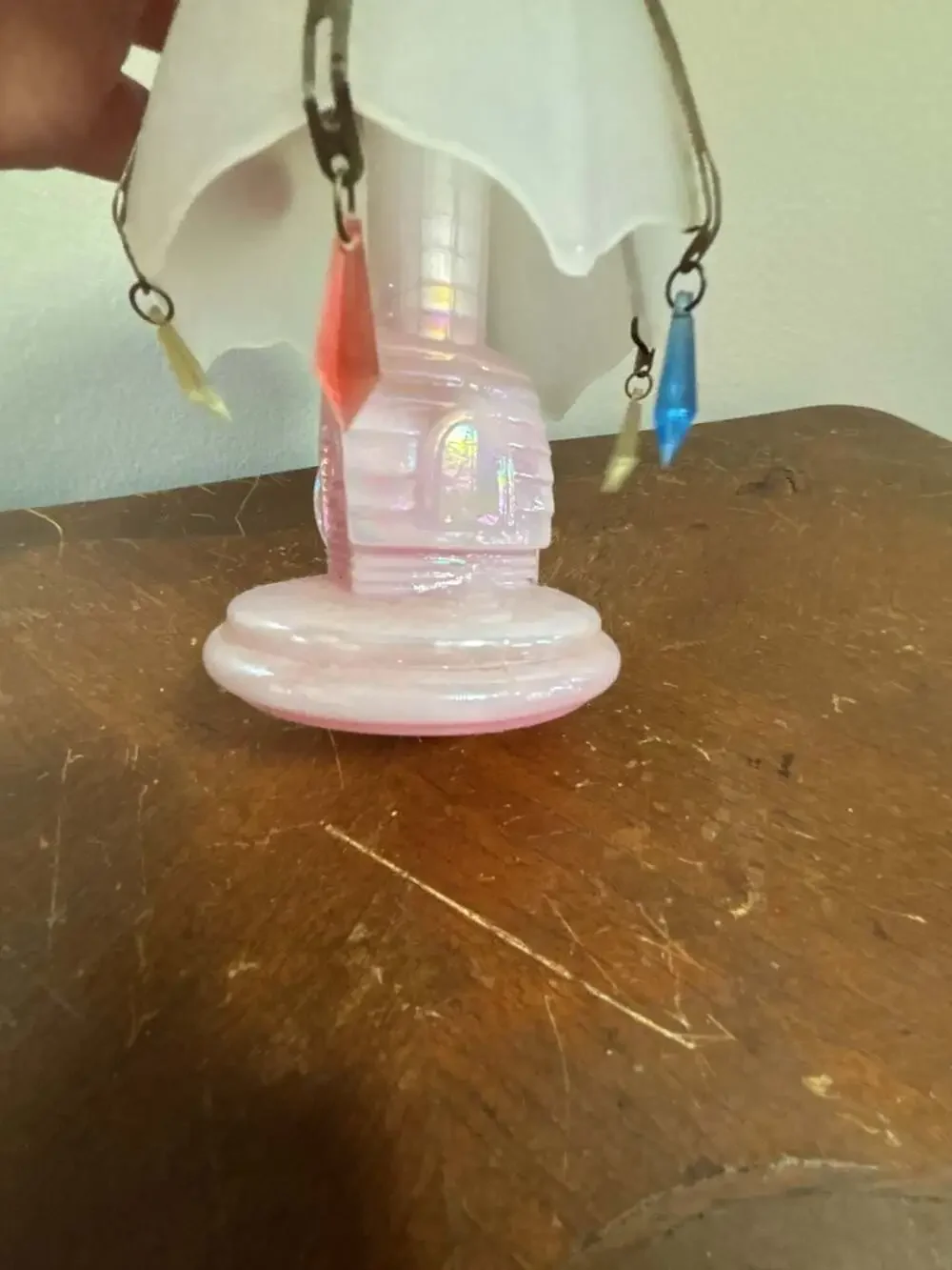 Vintage Pink Iridescent Milk Glass Water Mill Scent Lamp with Shade